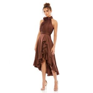 Mac Duggal 49488 NWOT HALTER NECK FLOWER DETAIL RUFFLED MIDI DRESS